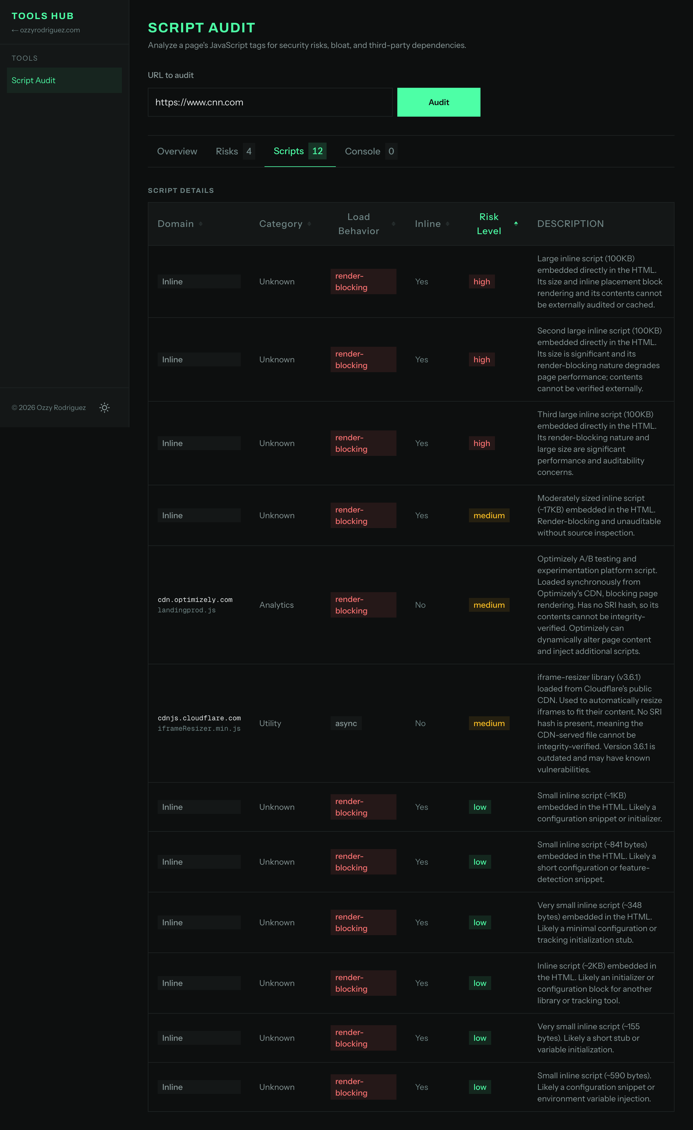 Scripts table showing all detected scripts with category, risk level, and descriptions